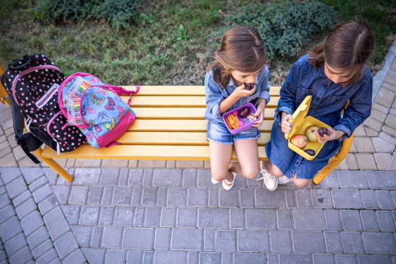 little school girls sitting on bench in school yard and eating from lunch boxes 1 scaled